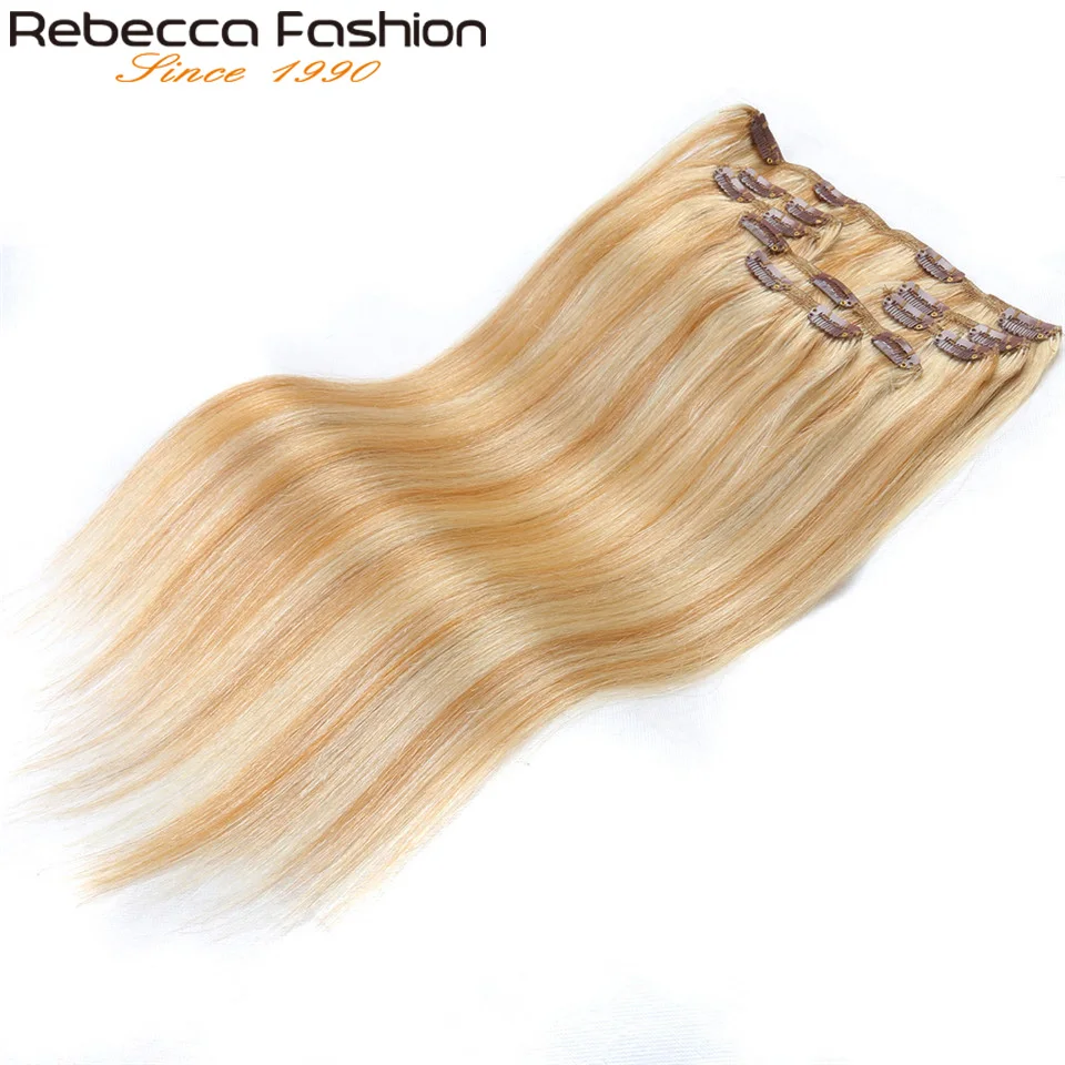 

Rebecca Hair 7Pcs In Human Hair Extensions Straight Remy Hair Clip Blonde Color#P27/613 Full Head 7Pcs/Set Remy Hair Weaves