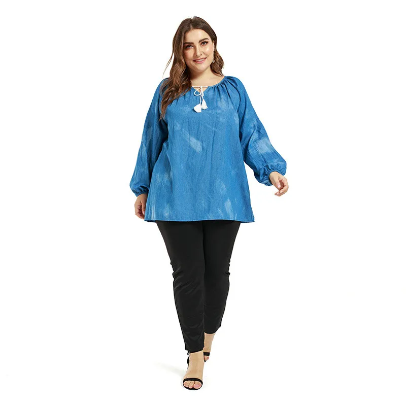 

2019 Women's T-Shirt V-neck puff sleeve long sleeve denim tie-dye clothes Spring Summer Large Size Loose Blue Tie dyeing Tops