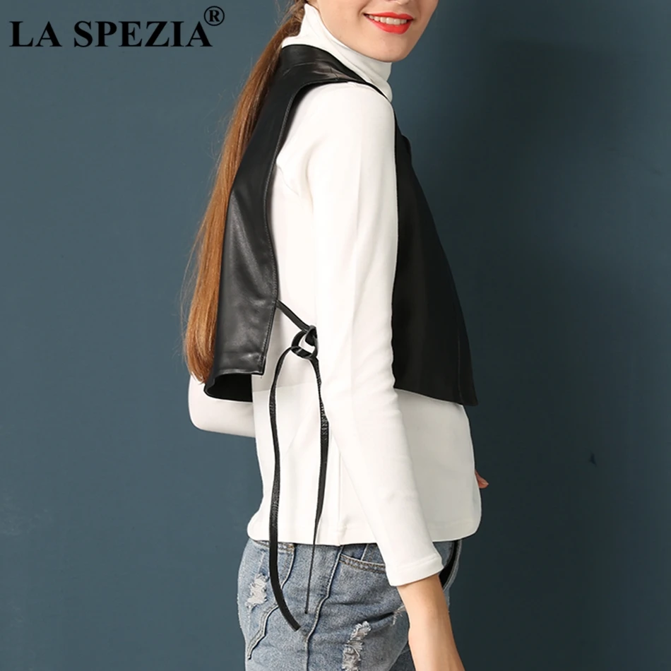LA SPEZIA, женский короткий жилет, черный, натуральная кожа, жилет, женский, с поясом, простой, модный, из овчины, для девушек, уличная, весенний жилет