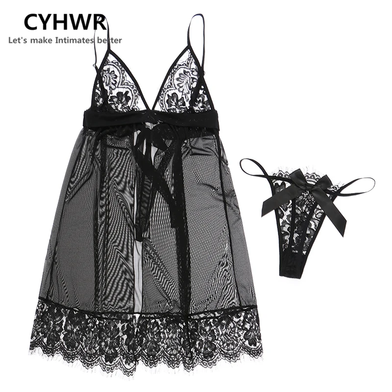 CYHWR, новинка, Сетчатое ультра-тонкое белье, сексуальное, пуш-ап, слинг, ночные рубашки, набор, с бантом, без рукавов, пижамы, домашняя одежда, одежда для сна для женщин