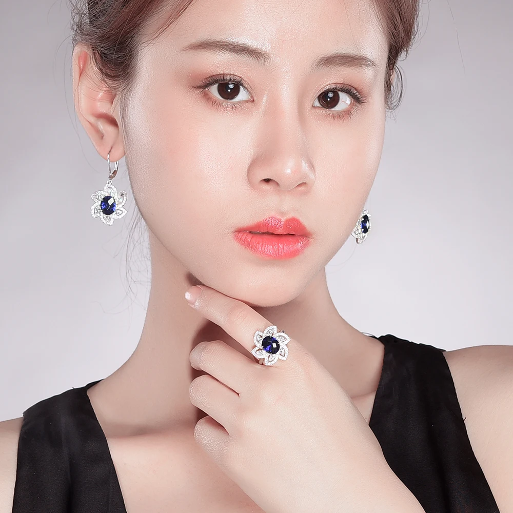 Lanzuan 100% Серебряные серьги-гвоздики из стерлингового серебра 925 пробы 5.84ct Голубой Камень Шахматная Доска Роскошный Цветок Для Женщин Рождественский Подарок.