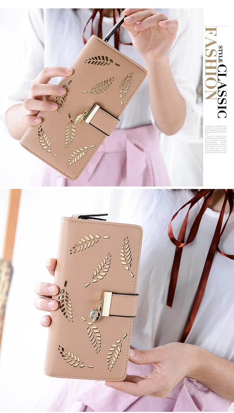 Модные кожаные кошельки и кошельки для женщин, Длинный кошелек с выдалбливающимся листом, Сумочка для телефона, держатель для карт, кошельки для денег