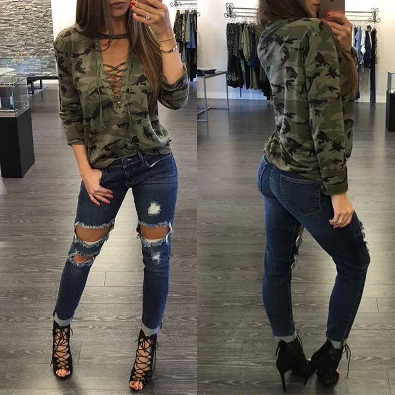 Модные камуфляжные футболки с повязкой женские топы длинными рукавами открытые