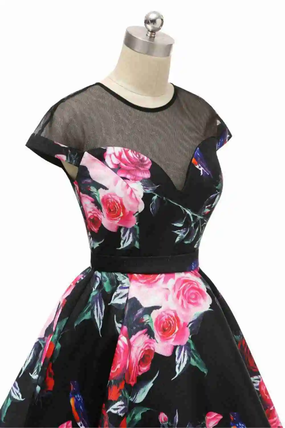 Fashion Pink Rose O-Neck Evening Dresses Flower Print Valentine's Day Dress Short A-Line Black Illusion Tulle Formal Party Gowns | Свадьбы