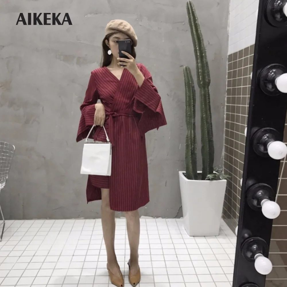 Akeka Офисные женские туфли Striped A-Line Flare рукавом Полный Пояса до колена Длина