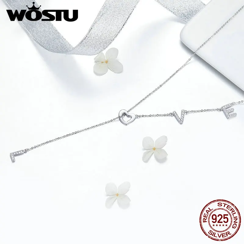 WOSTU серебро 925 пробы любовное письмо циркон кулон ожерелья длинная цепочка для