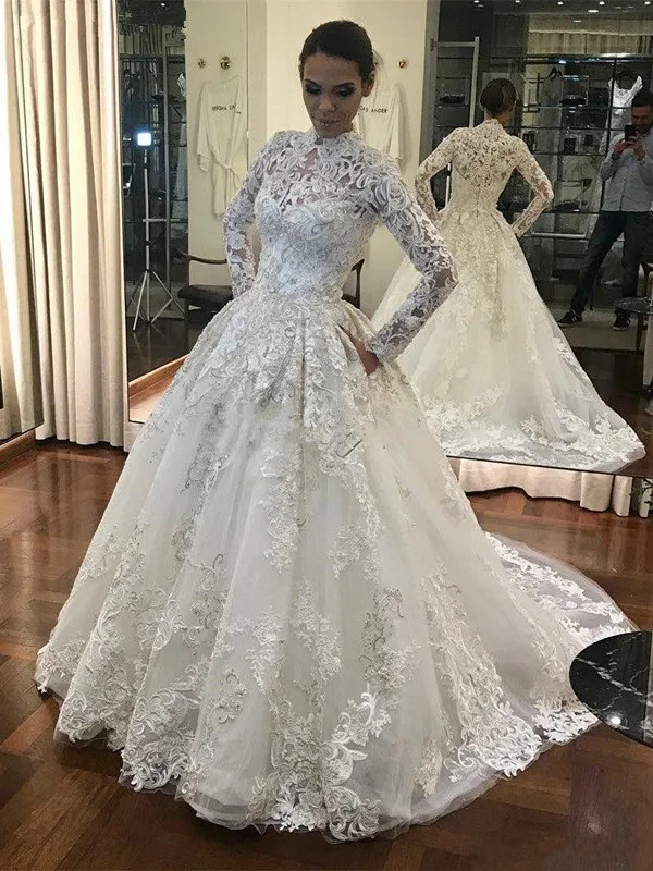 

Luxury Middle East Lace Ball Gown High Neck Wedding Dress In Dubai Muslim Long Sleeve Bridal Dress Vestido Novia 2020