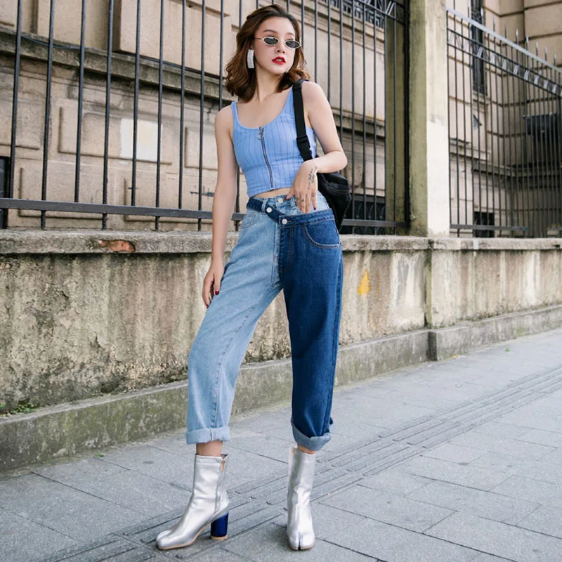 TWOTWINSTYLE Лоскутные хит цвета брюки для женщин Высокая талия лодыжки Длина Джинсовые штаны Большие размеры осенние модные джинсы женские
