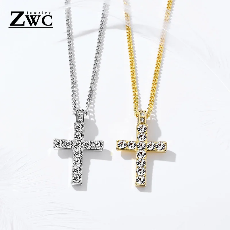 ZWC Модный классический кристалл инкрустация крест кулон ожерелье для женщин