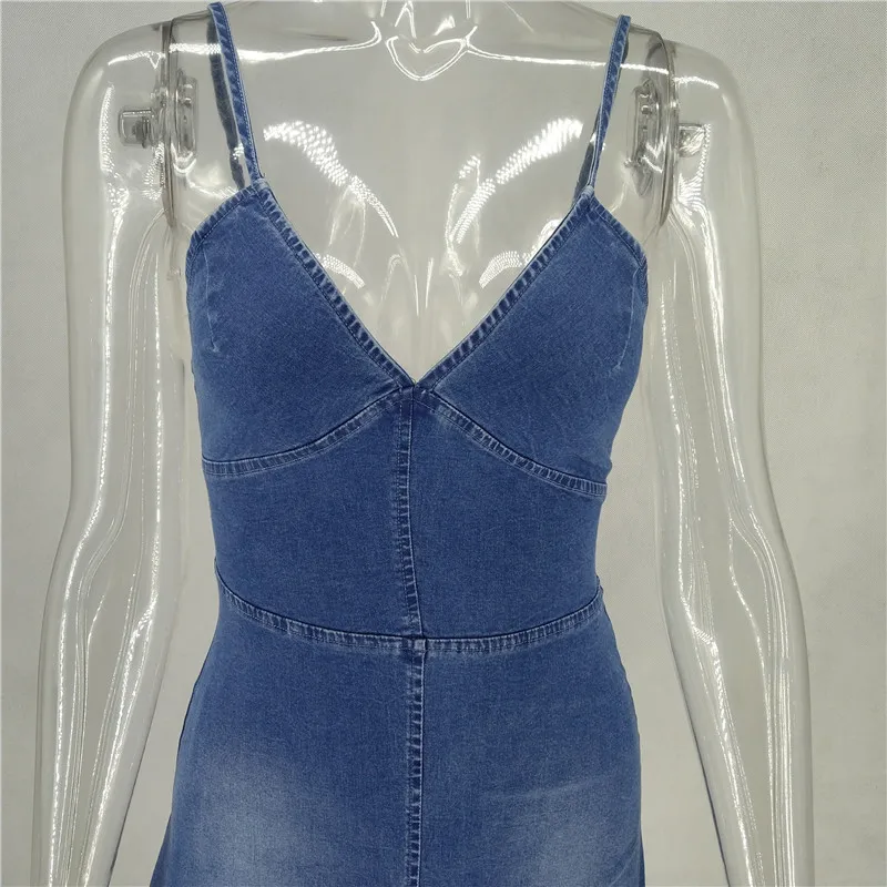 Сексуальное винтажное джинсовое платье на бретельках с v-образным вырезом