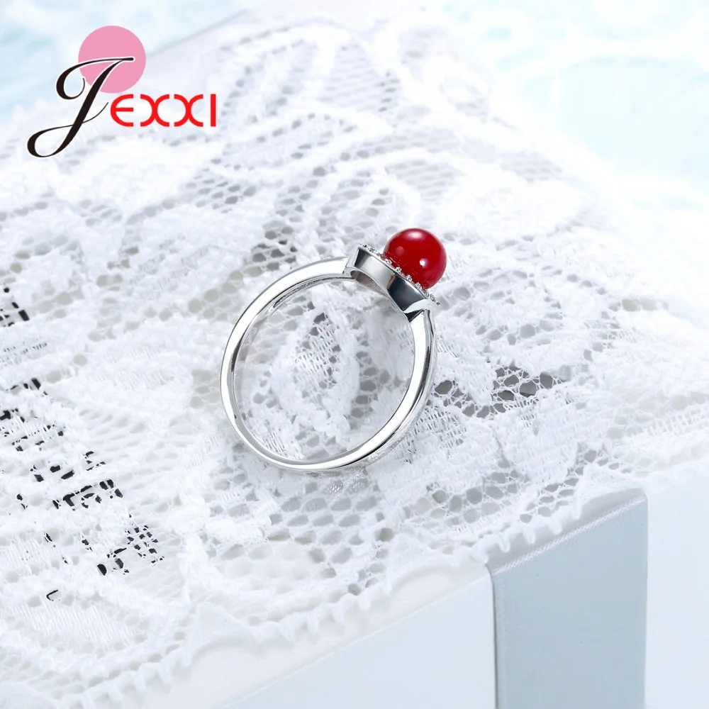 

Ladies Luxury Round 925 Sterling Silver Red Ball With White Cubic Zirconia Finger Rings Lower Price Hot sale