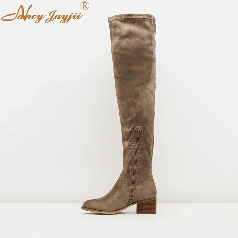 Flock Women Shoes Adult ladies Boots Over-the-knee Slip-on Med Square heels Zipper Winter Solid Leisure Nancyjayjii Elegant 2019 | Обувь