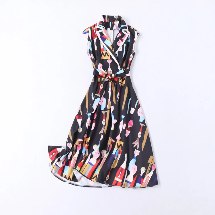 Long Dress High Quality Summer New Women'S Fashion Workplace Party Vintage Elegant Chic Cartoon Print Suit Collar Vest Dresses - Цвет: Черный