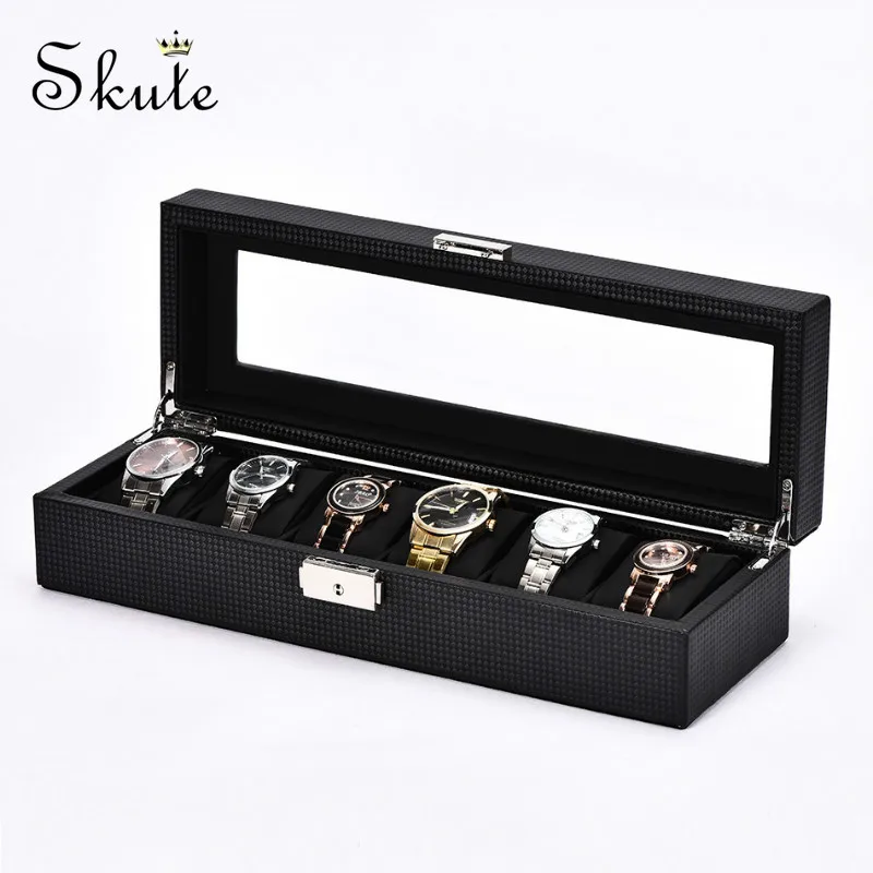 Skute 6 Gird Slots Leather Carbon Fiber Luxury Watch Box Jewelry Storage Box Organizer For Bracelet Display Holder Case Gift Box