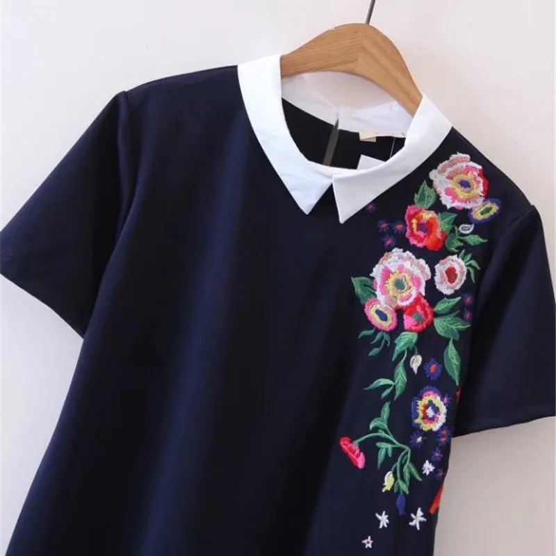 Summer new wild pure color embroidered short-sleeved straight dress women 2018street was thin flowers | Женская одежда