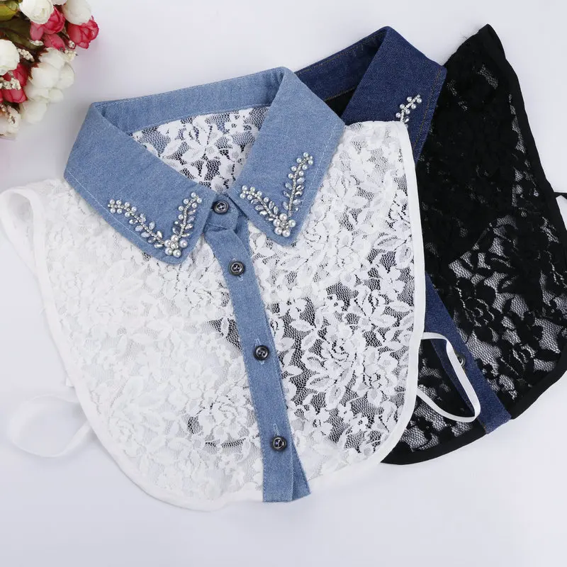 Женский модный цветочный кружевной воротник с кристаллами хлопковый съемный