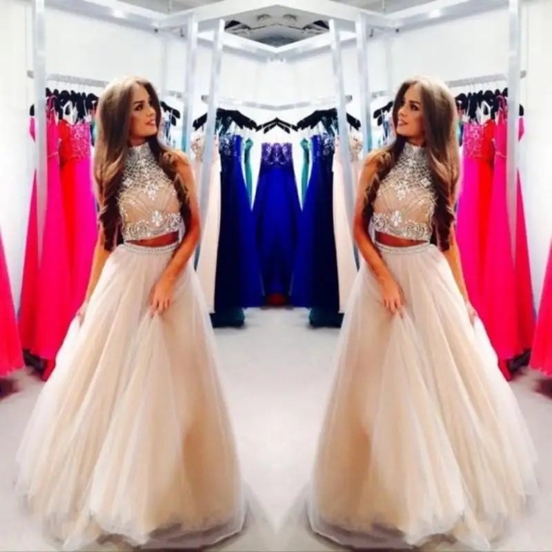 Блестящее платье цвета шампанского с высоким горлом из тюля Комплект двух предметов Платье для выпускного
