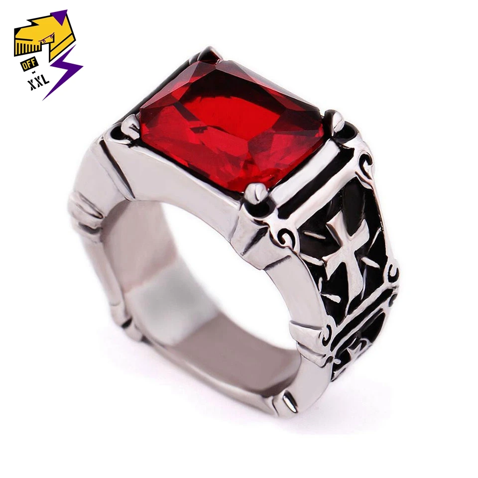 Male Stainless Steel Carved Cross Rings Antique Silver Rectangle Big Red Stone Ring Religious Punk Wedding Fashion Jewelry | Украшения и