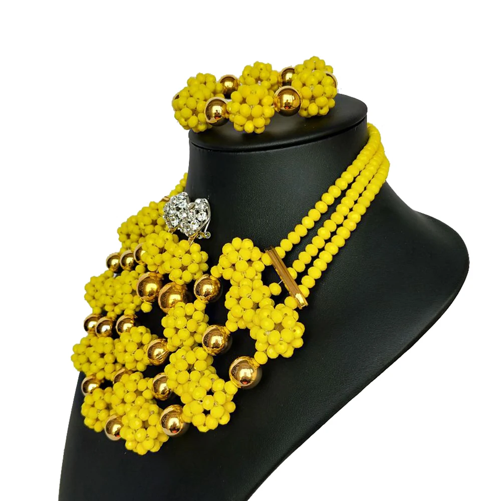 3 ряда желтый ручной вязки африканские бусы Свадебный себе Цепочки и ожерелья