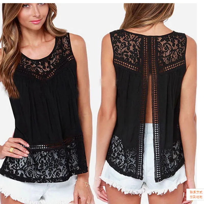 S-5XL 2016 Summer Women Hollow Out Crochet Lace Tank Tops Fashion Casual Sleeveless Black &amp White Beach Loose Crop A9115 | Женская