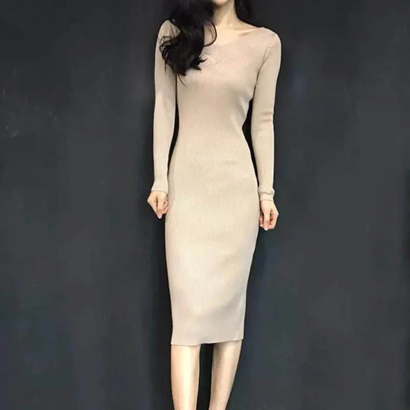 

NORMOV 2019 New Autumn Winter Long Sweater Dress Women Knee-Length Solid Color Sexy Slim V-Neck Skinny Knitting Cotton Dress