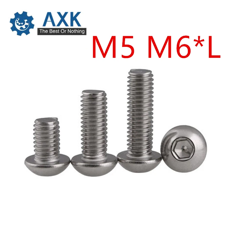 

100Pcs/Lot M5 M6*L ISO7380 GB70.2 304 Stainless Steel A2-70 Half Round Head Screws Mushroom Hexagon Socket Button Head Screw