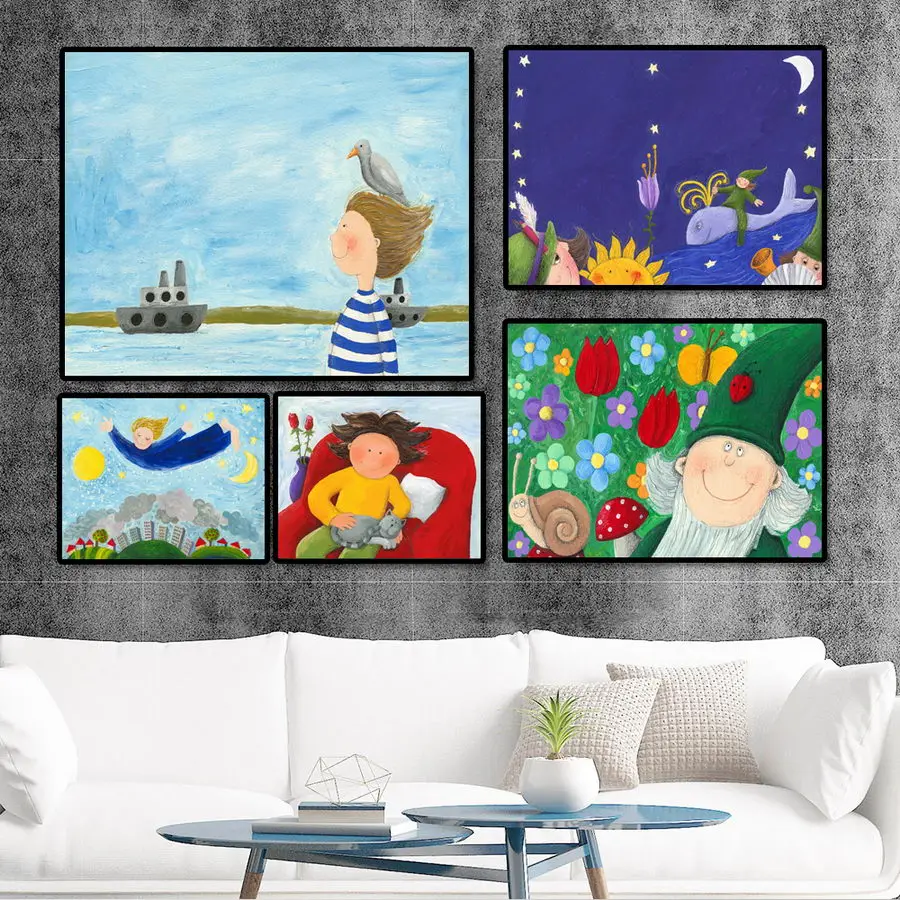 Home Decoration Print Canvas Wall Art Picture Poster Paintings Horizontal Children's style cartoon Good Night Moon | Дом и сад