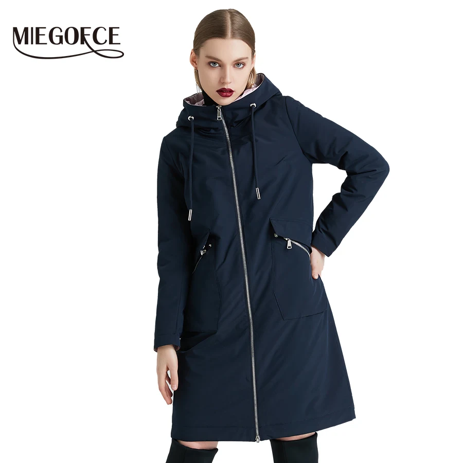 MIEOGOFCE Spring and Autumn Long Women's Windbreaker Warm Women's Cotton Jacket With Stand Collar New Design