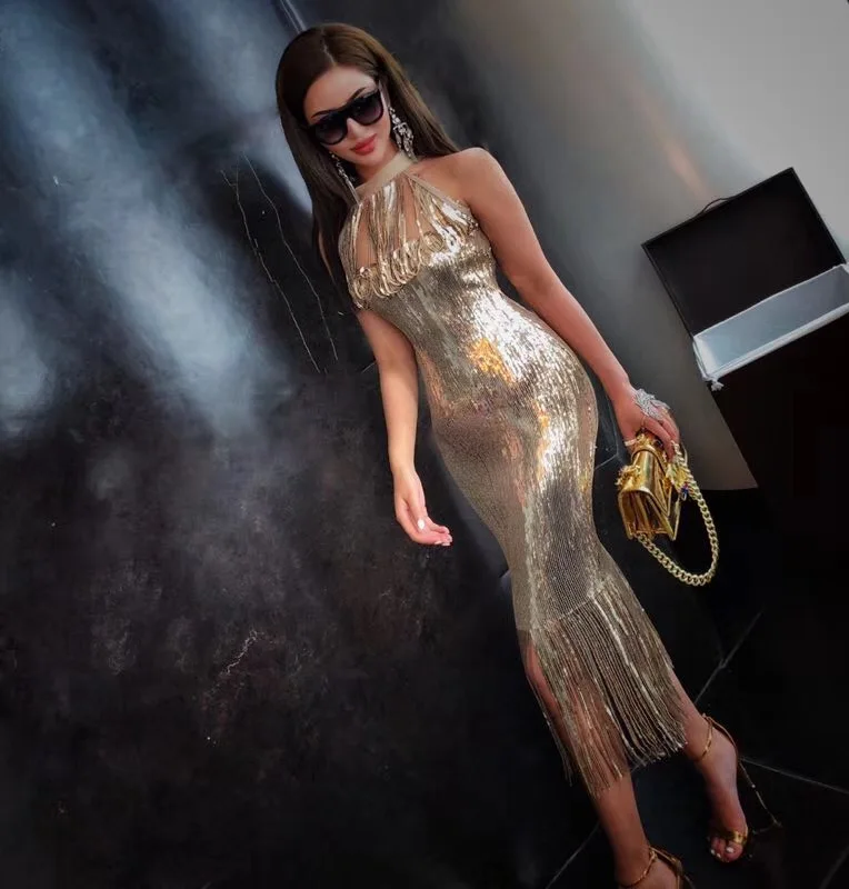 2018 элегантные бандажные женские платья до колена с вышивкой золотыми вырезами и