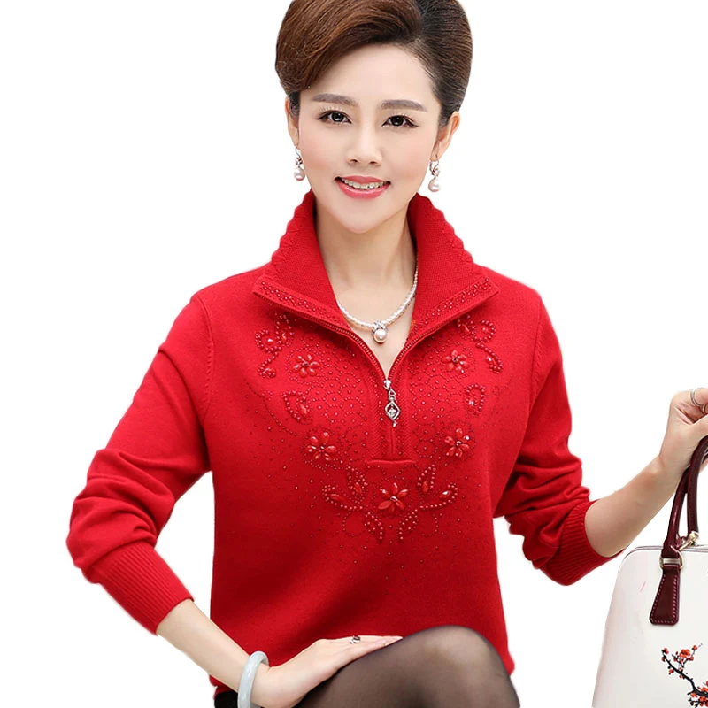 Women Knit Sweater Pullover Autumn Middle-aged Clothing Fashion Beaded Plus size 4XL Female Coats Casual Tops K980 | Женская одежда