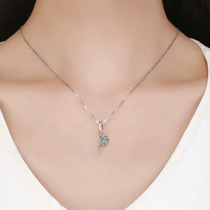 QELROE High Quality 925 Sterling Silver Coconut Tree Charm Green CZ Pendant Fit Original Pandora Bracelet DIY Charms Jewelry | Украшения и