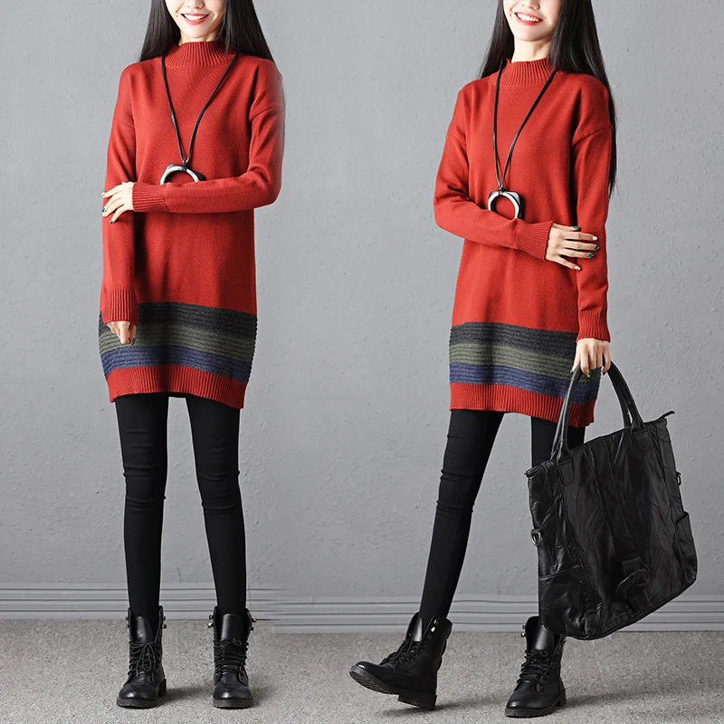 

winter new big yards long sleeve sweater knit mini dress women's knitwear o neck casual clothes vestidos design free size top