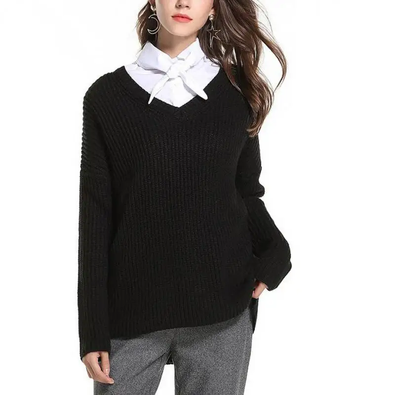 2018 Autumn And Winter Fashion Women's Sexy V-neck Knit Loose Pullover Long-sleeved Solid Color Casual Sweater Cj0325 | Женская