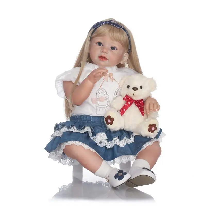 Real Life Baby Dolls 24/" Silicone Bebe Reborn Toddler Dolls Long Hair Girls Toys