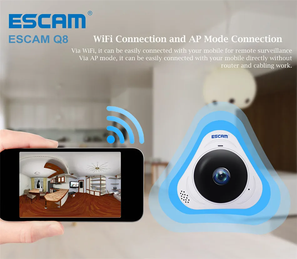 ESCAM Q8 360 градусов панорамная WiFi ip-камера 960 P Рыбий глаз объектив инфракрасная камера VR камера с двухсторонним аудио/детектор движения