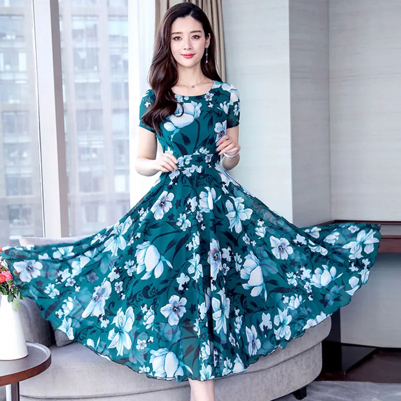 Women's Summer Dress 2019 New Printed Chiffon Dresses Slim Was Thin Bohemian Beach Female Round Neck Short Sleeve Vestidos G256 | Женская