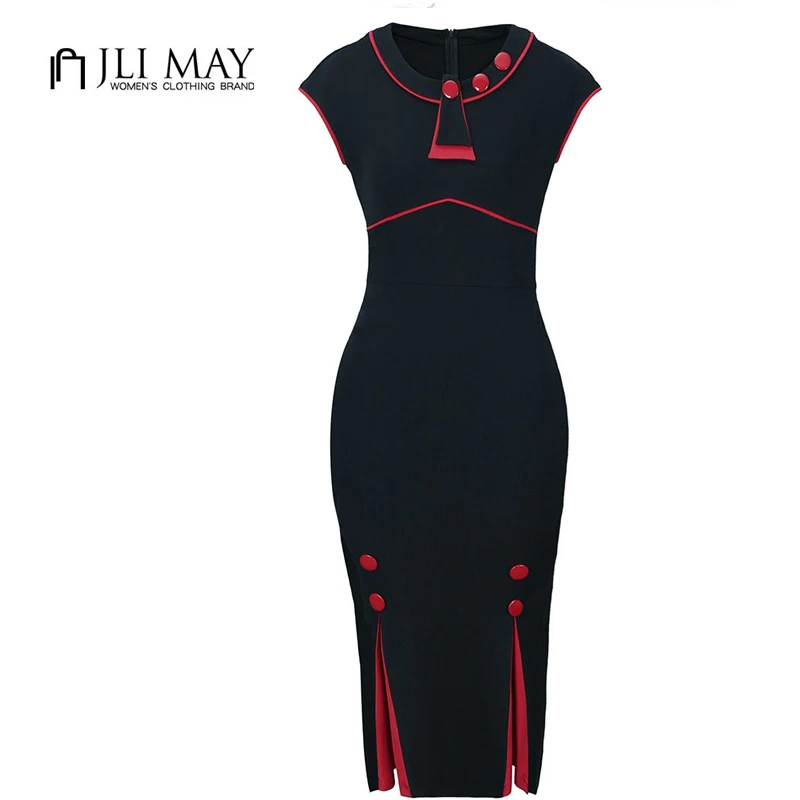 JLI MAY женщины Винтаж Русалка midi dress лето осень Рукавов О-Образным Вырезом