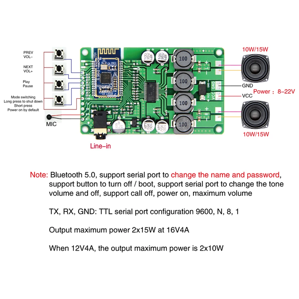 Плата усилителя мощности Bluetooth 5 0 2x1 Вт/10 Вт поддержка AUX аудио смена имени и пароля