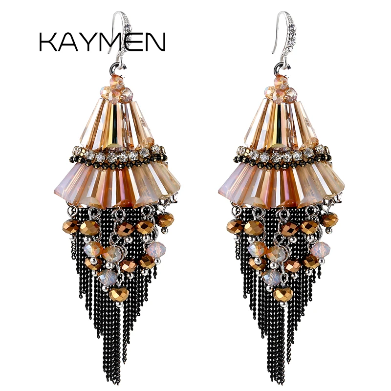 

KAYMEN Handmade Bohemia Statement Earrings Dangle Crystals Chains Charm Tassels Earrings for Women Girl 2 Colors EA-03206