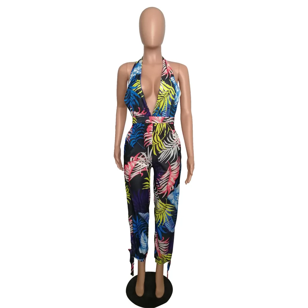 

Leaf Digital Print Halter Backless Women Bodycon Jumpsuits Women Bodydsuits