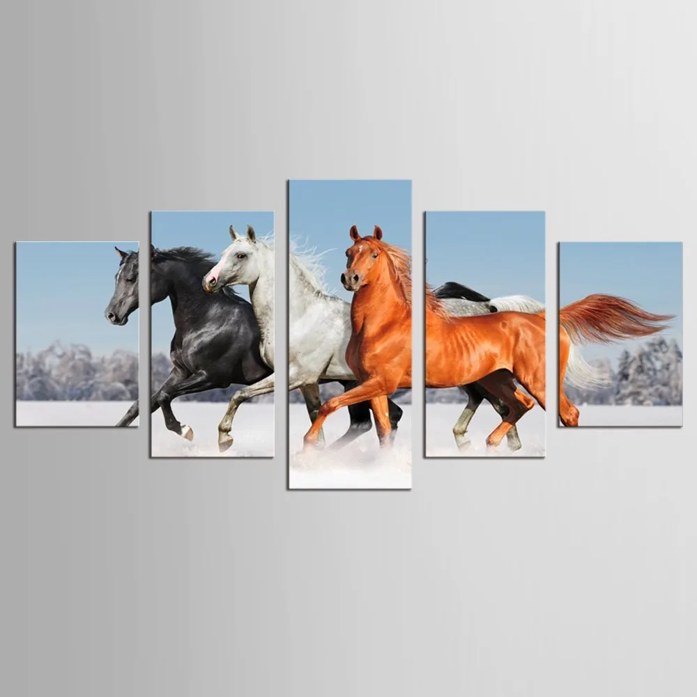 

5 Panel Modern Printed Run With the horse Painting Picture On Canvas Decor Landscape For Living Room