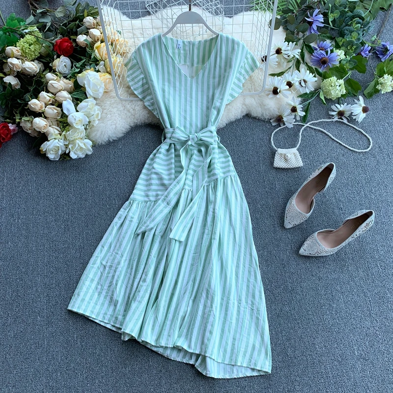 2019 Women Summer Fashion Short Sleeve V Neck Irregular Dresses woman Casual Elegant Striped Patchwork Belted Below Knee Dress | Женская