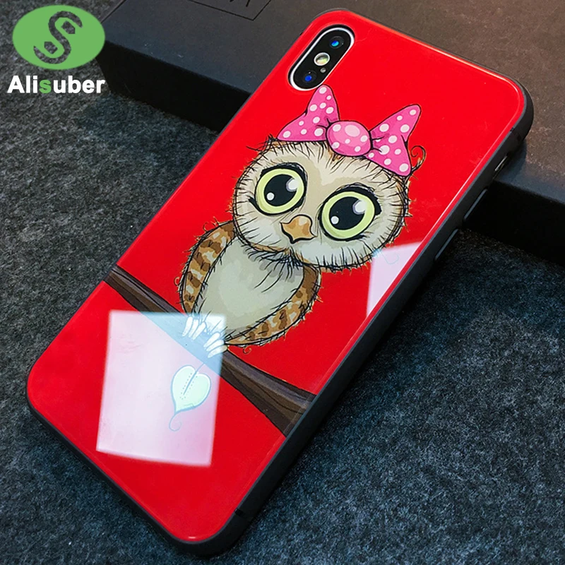 Alisuber Cute Owl Tempered Glass Phone Case for iphone X 7 8 plus Cartoon Cases Anti-knock Back Cover 6 6s Plus |