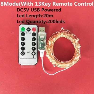 Светодиодная гирлянда 5/10 M/20 M 50/100 Led USB 8, СВЕТОДИОДНАЯ Гирлянда для управления, сказочные гирлянды для свадьбы, Рождества, праздника, декоративные лампы - Испускаемый цвет: 8Mode 20m(with13key)