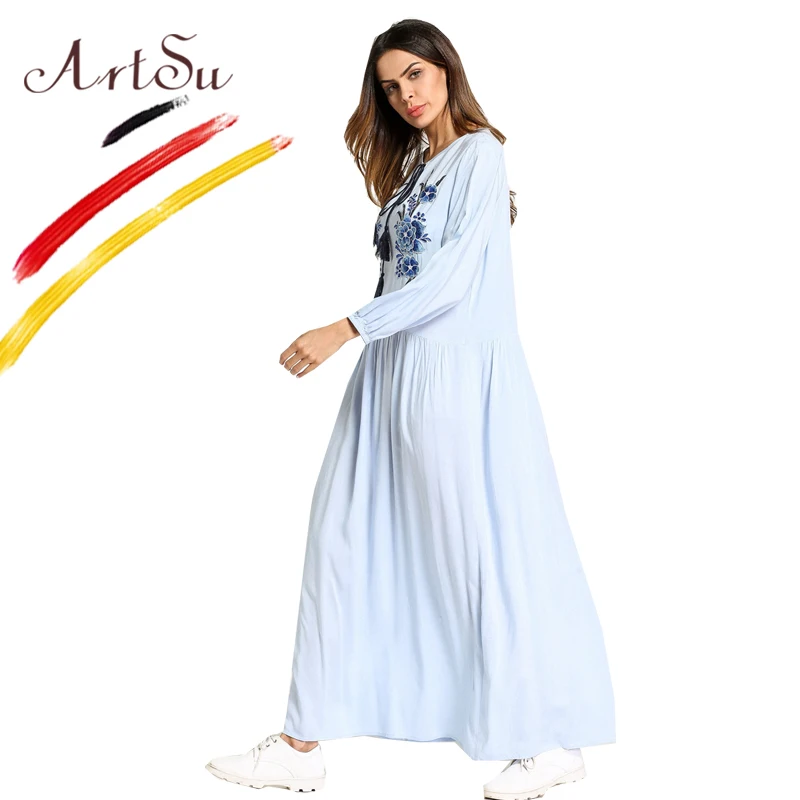 ArtSu PlusSize женское платье 2018 Ретро этнический цветок вышивка повседневное длинное