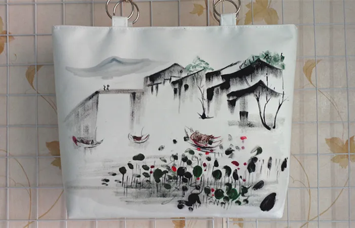

New National Ethnic canvas Ink Scenery hand painting bag vintage large handbag wood beads white shoulder bag high quality
