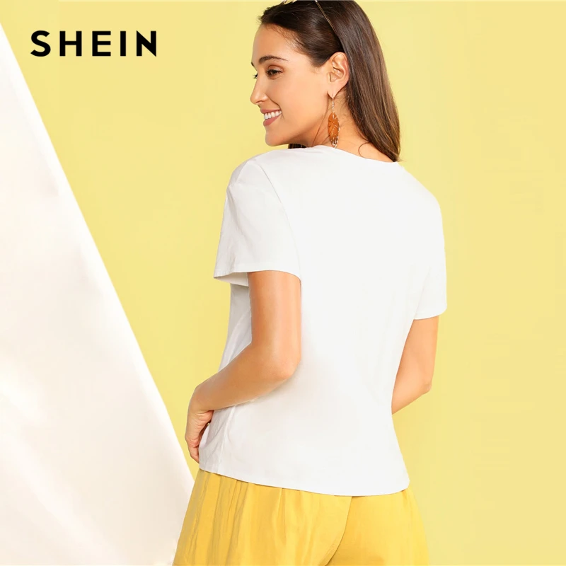 SHEIN, женская футболка с цветочной вышивкой,, эластичная летняя футболка с коротким рукавом, круглый вырез, белые летние топы