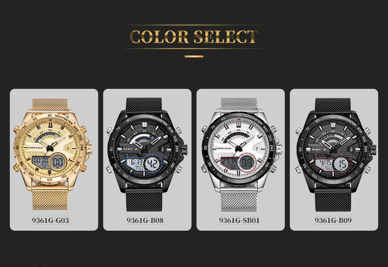 RISTOS модные часы Relojes Masculino Hombre, многофункциональные мужские спортивные часы со стальным плетением, цифровые наручные часы с хронографом для мужчин 9361