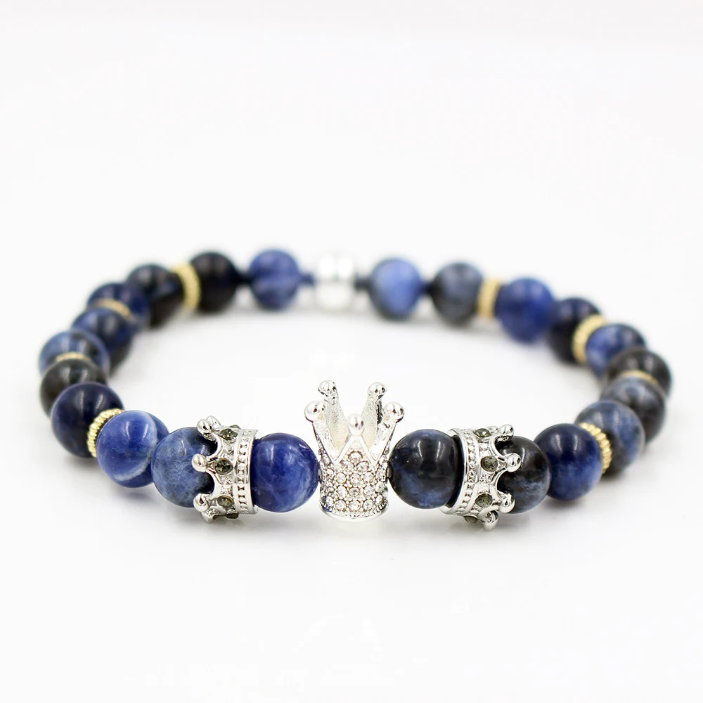 Natural Blue-Vien Stone Beads Bracelet Men's Micro Pave CZ King Rown Charm Mala Bead Rock Bracelets For Women Pulseira Masculina |
