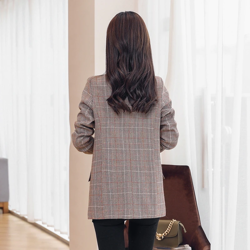 Высокое качество Новые женские блейзеры и куртки весна осень плед blaser feminino
